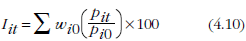 Equation: This is the price relative form of the Laspeyres index derived as the product of the expenditure share of item i  in the reference period and the price relative for the ith item in that same period
