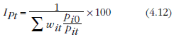 Equation: Restatement of the Paasche index as the inverse of the sumproduct of the expenditure share of item i in period t to the ratio of the inverse of the price relative