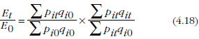 Equation: This is an example of a Laspeyres decomposition. The change in an expenditure aggregate between two periods is the product of a Laspeyres price index and a Paasche volume index.