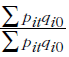 Equation: The sum product of prices from period t and quantities from period 0, divided by itself, which has a value of 1.