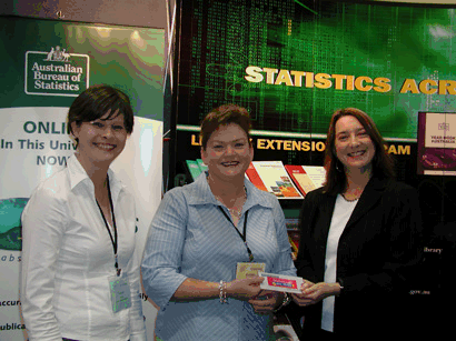 Image: Penny Jackson from Paroo Shire Municipal Library, winner of the ABS Quiz (centre),  with Tanya Lucas, Qld. LEP Coordinator (left), and Karen Vitullo, Director, ABS Library Network