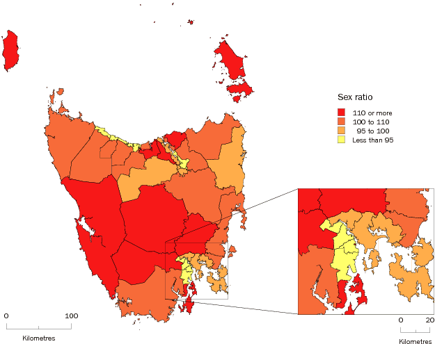 Diagram: MALES PER 100 FEMALES, Statistical Local Areas, Tasmania—30 June 2009