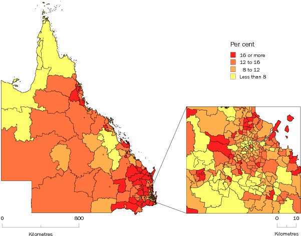 Diagram: POPULATION AGED 65 YEARS AND OVER, Statistical Areas Level 2, Queensland—30 June 2011