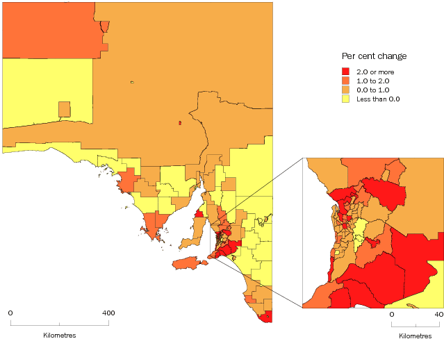 Diagram: SLA population change, SA, 2007-08