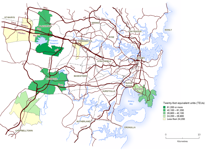 Diagram: MAP 1 - Top 10 container delivery postcodes for TEU totals, imports, Port of Sydney, 2009-10