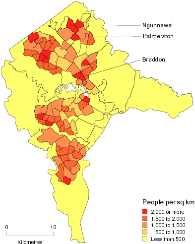 Diagram: POPULATION DENSITY BY SLA, Canberra SD—June 2011