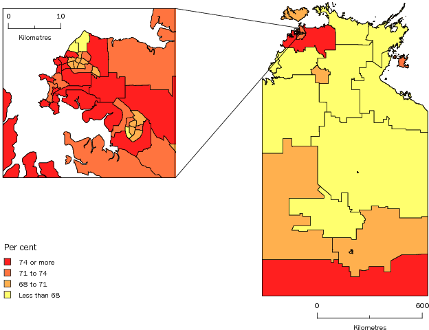 Diagram: WORKING AGE POPULATION (AGED 15-64 YEARS), Statistical Areas Level 2, Northern Territory—30 June 2011