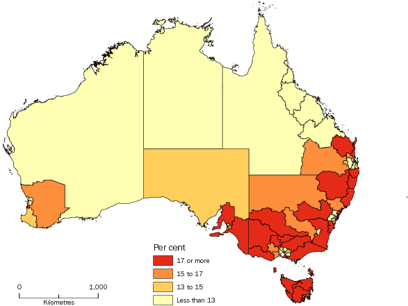 Diagram: POPULATION AGED 65 YEARS AND OVER, Statistical Areas Level 4, Australia—30 June 2012