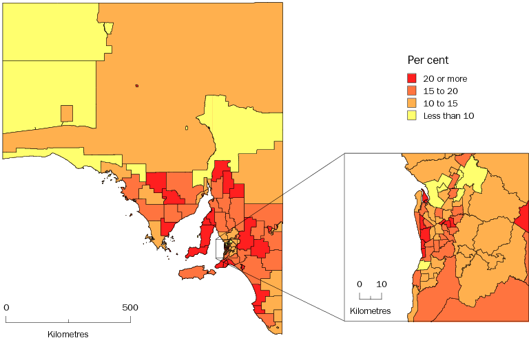 Diagram: POPULATION AGED 65 YEARS AND OVER, Statistical Local Areas, South Australia—30 June 2010