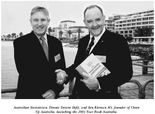 Image - Australian Statistician, Dennis Trewin (left), and Ian Kiernan AO, founder of Clean Up Australia, launching the 2003 Year Book Australia.