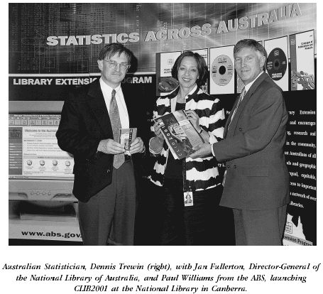 Image - Australian Statistician, Dennis Trewin (right), with Jan Fullerton, Director-General of the National Library of Australia, and Paul Williams from the ABS, launching CLIB2001 at the National Library in Canberra.
