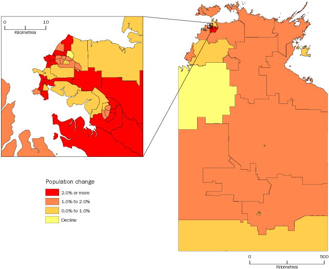 Diagram: POPULATION CHANGE BY SA2, Northern Territory—2012–13