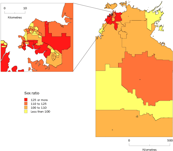 Diagram: MALES PER 100 FEMALES, Statistical Local Areas, Northern Territory—30 June 2009