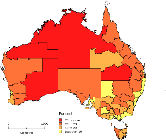 Diagram: POPULATION AGED LESS THAN 15 YEARS, Statistical Divisions, Australia—30 June 2009