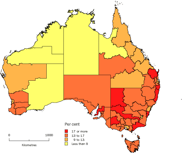 Diagram: POPULATION AGED 65 YEARS AND OVER, Statistical Divisions, Australia—30 June 2009