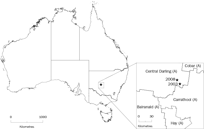 Diagram: Centre of population, Australia, 2003 and 2008