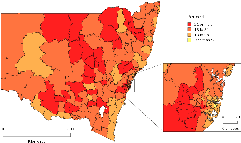 Diagram: POPULATION AGED LESS THAN 15 YEARS, Statistical Local Areas, New South Wales—30 June 2010