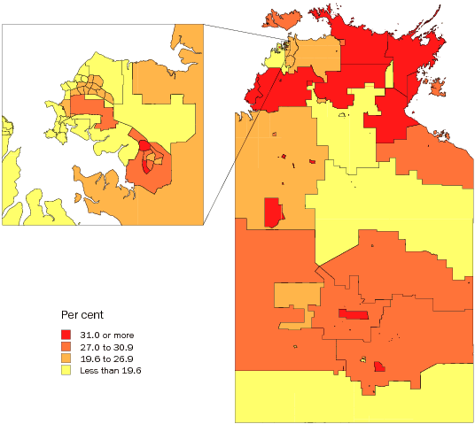 Diagram: Population aged less than 15 years, Statistical Local Areas, NT, 2007