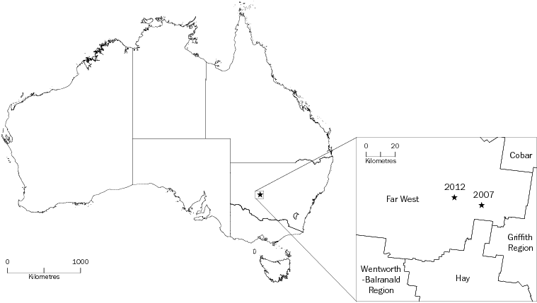 Diagram: CENTRE OF POPULATION, Australia—June 2007 and June 2012