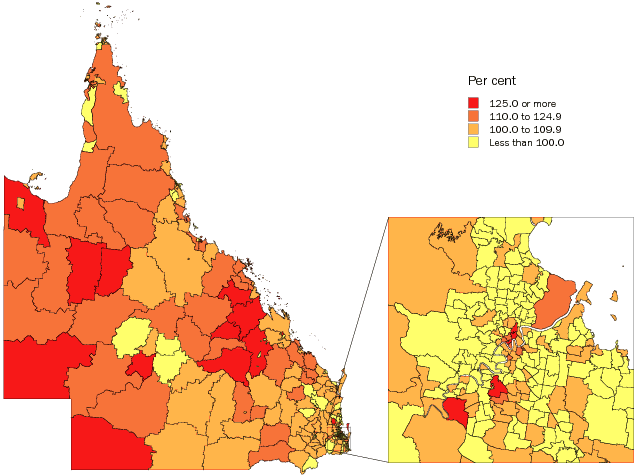 Diagram: Males per 100 Females, Statistical Local Areas, Queensland, 2007