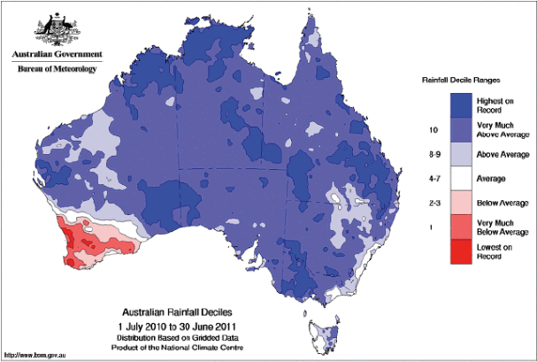 FIGURE 2.2 Average Rainfall, Decile ranges, Australia, 2010-11