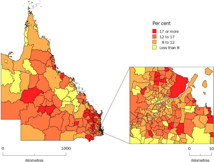 Diagram: POPULATION AGED 65 YEARS AND OVER, Statistical Local Areas, Queensland—30 June 2010