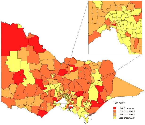 Diagram: Males per 100 females, Statistical Local Areas, Victoria, 2007