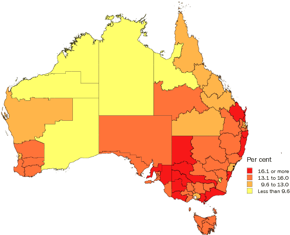 Diagram: Population aged 65 years and over, Statistical Divisions, Australia, 2007