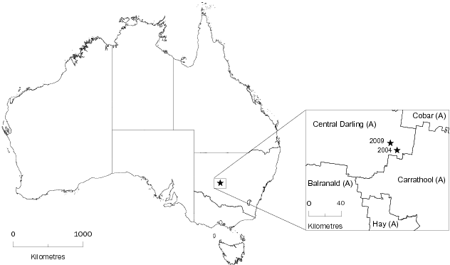 Diagram: CENTRE OF POPULATION, Australia—June 2004 and June 2009