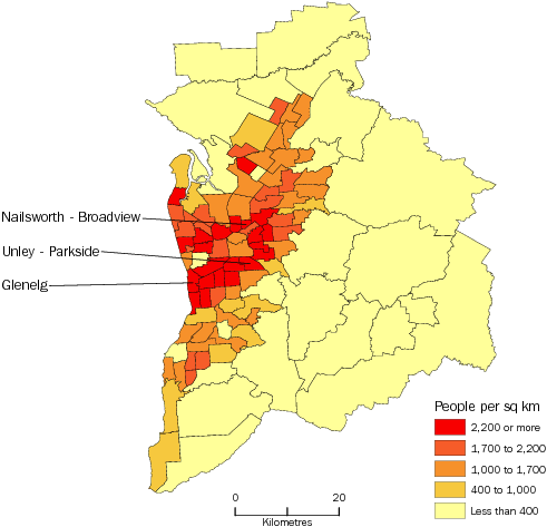 Diagram: POPULATION DENSITY BY SA2, Greater Adelaide—June 2012