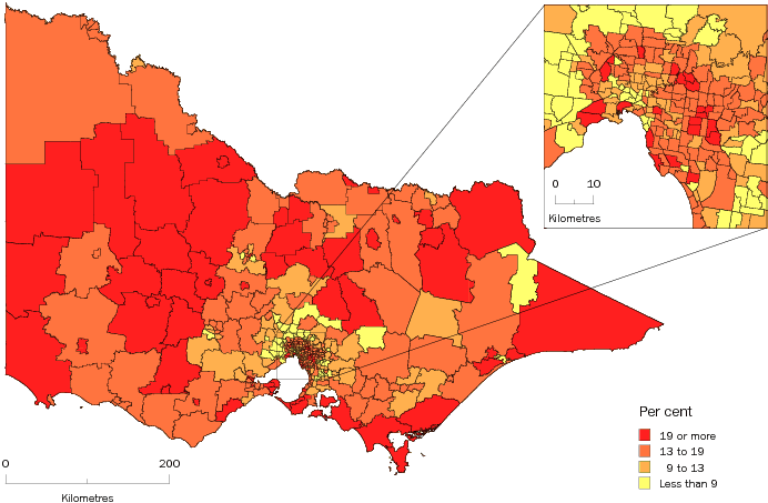Diagram: POPULATION AGED 65 YEARS AND OVER, Statistical Areas Level 2, Victoria—30 June 2011