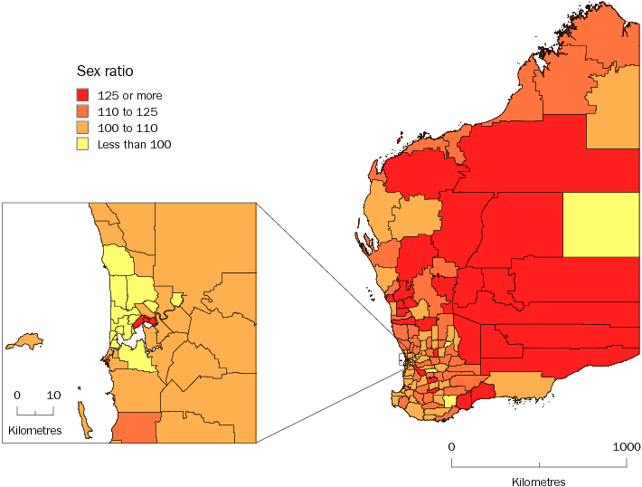 Diagram: MALES PER 100 FEMALES, Statistical Local Areas, Western Australia—30 June 2010