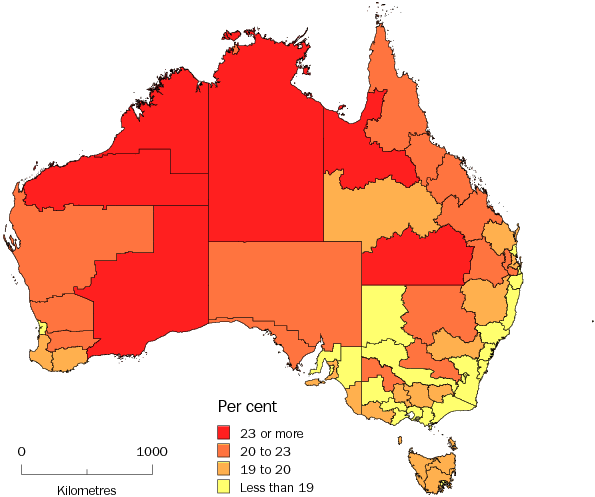 Diagram: POPULATION AGED LESS THAN 15 YEARS, Statistical Divisions, Australia—30 June 2010