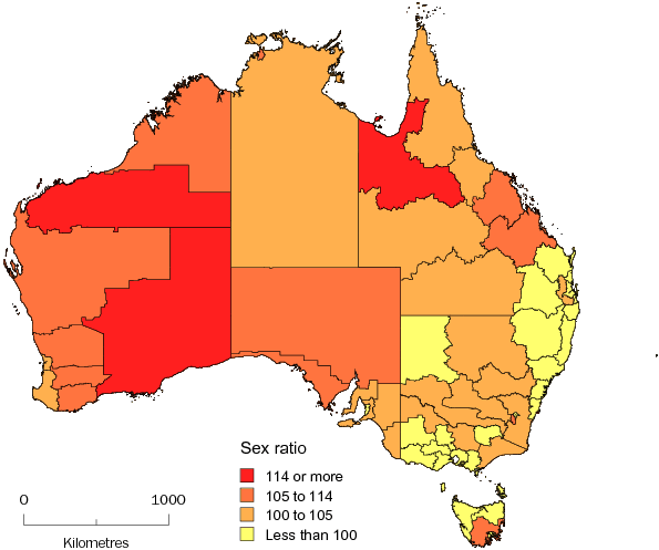 Diagram: MALES PER 100 FEMALES, Statistical Divisions, Australia—30 June 2010