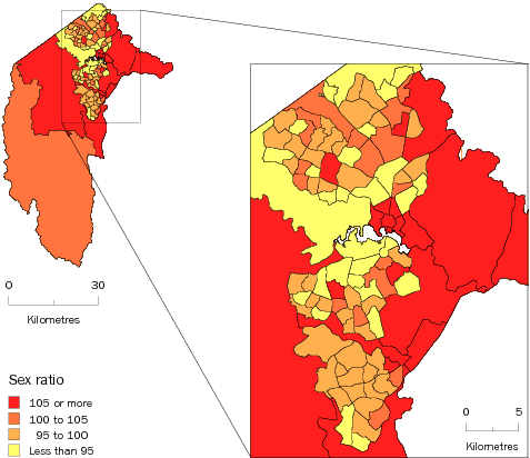 Diagram: MALES PER 100 FEMALES, Statistical Areas Level 2, Australian Capital Territory—30 June 2011