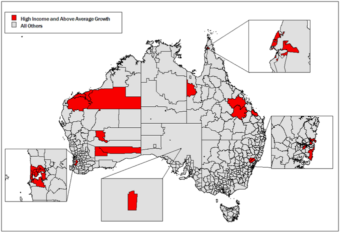 Map: High Income and Above Average Income Growth Local Government Areas