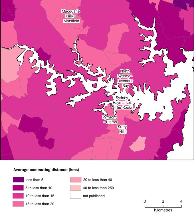 Map showing the average commuting distance to place of work in Sydney SA2s