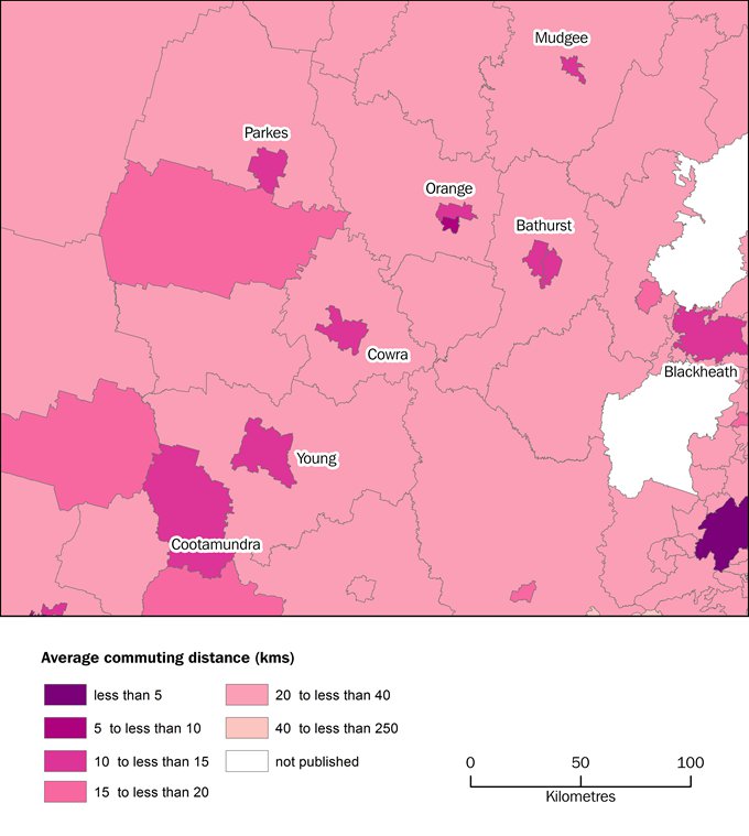 Map showing the average commuting distance from a persons usual residence in the Central Tablelands of New South Wales SA2s