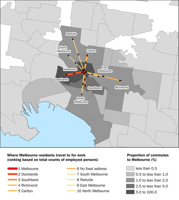 Map showing the flow of commutes from a persons usual residence in Melbourne SA2