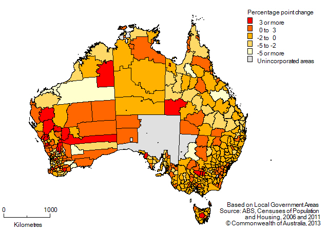 Map:Percentage point change in home ownership rates by LGA, 2006 to 2011