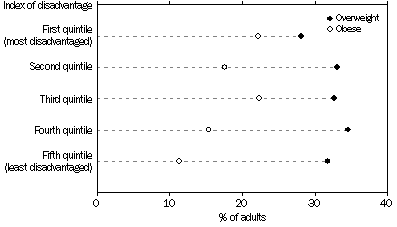 Graph: Overweight or Obese Adults, by Seifa Index of disadvantage, SA, 2004-05