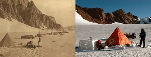 Camp site with rocky edge in background, Australasian Antarctic Expedition, 1911–14, photograph from Sir Douglas Mawson collection, courtesy National Library of Australia (left). Field camp – photography by Frederique Olivier 2006  (right).