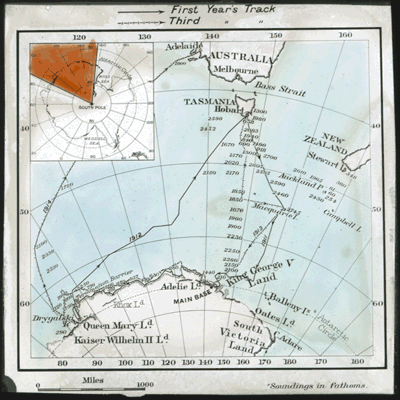 Map of the 1st and 3rd years' tracks of the Australasian Antarctic Expedition, 1911–1914 – slide from John George Hunter collection, courtesy National Library of Australia.