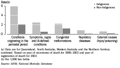 Graph: Infant deaths, main causes(a), by Indigenous status—1999–2003