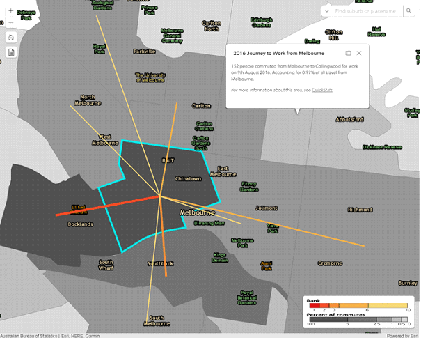Image: shows an example of the journey to work interactive map for people living in Melbourne: