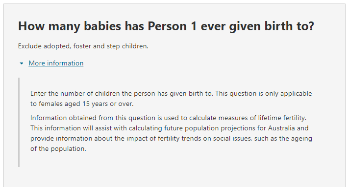 Additional information relating to the question on: For each female, how many babies has she ever given birth to?