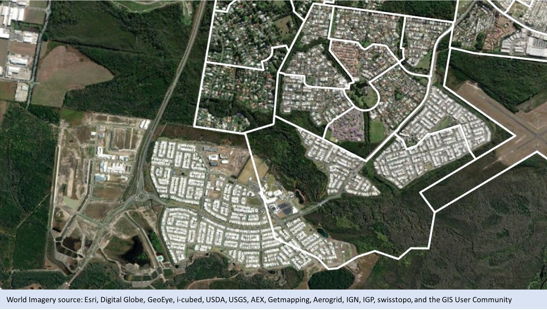 This image shows that in 2016, some Statistical Areas Level 1 cut through areas that have since been developed. 