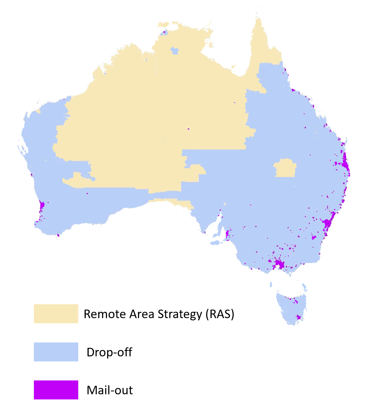 Map of Australia highlighting the Remote Area Strategy (RAS), Drop-off and Mail-out areas.