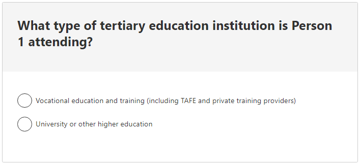 Type of educational institution attending example - Tertiary response selected