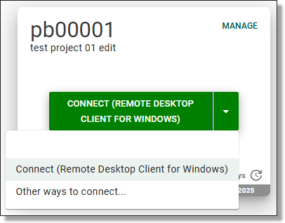 VM tile with three launch options shown in a drop-down menu